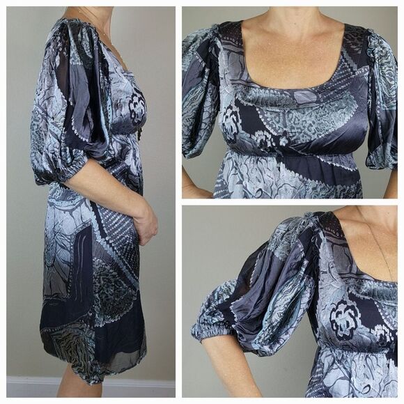 🔹️Steve Madden Sage & Gray Silk Ruffled Balloon Sleeve Dress Size 8 - Picture 3 of 15